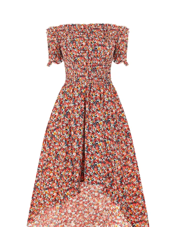 Floral high-low dress in invisible mannequin presentation after editing